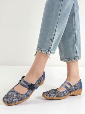 Rieker Leather Mary Jane Flats Blue Perforated Shoes Comfy Casual Lightweight